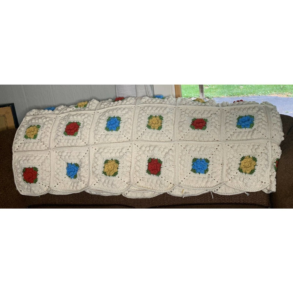 Handmade Granny Square Afghan Throw Blanket Hand Crochet 3D Flowers 51" x 70"